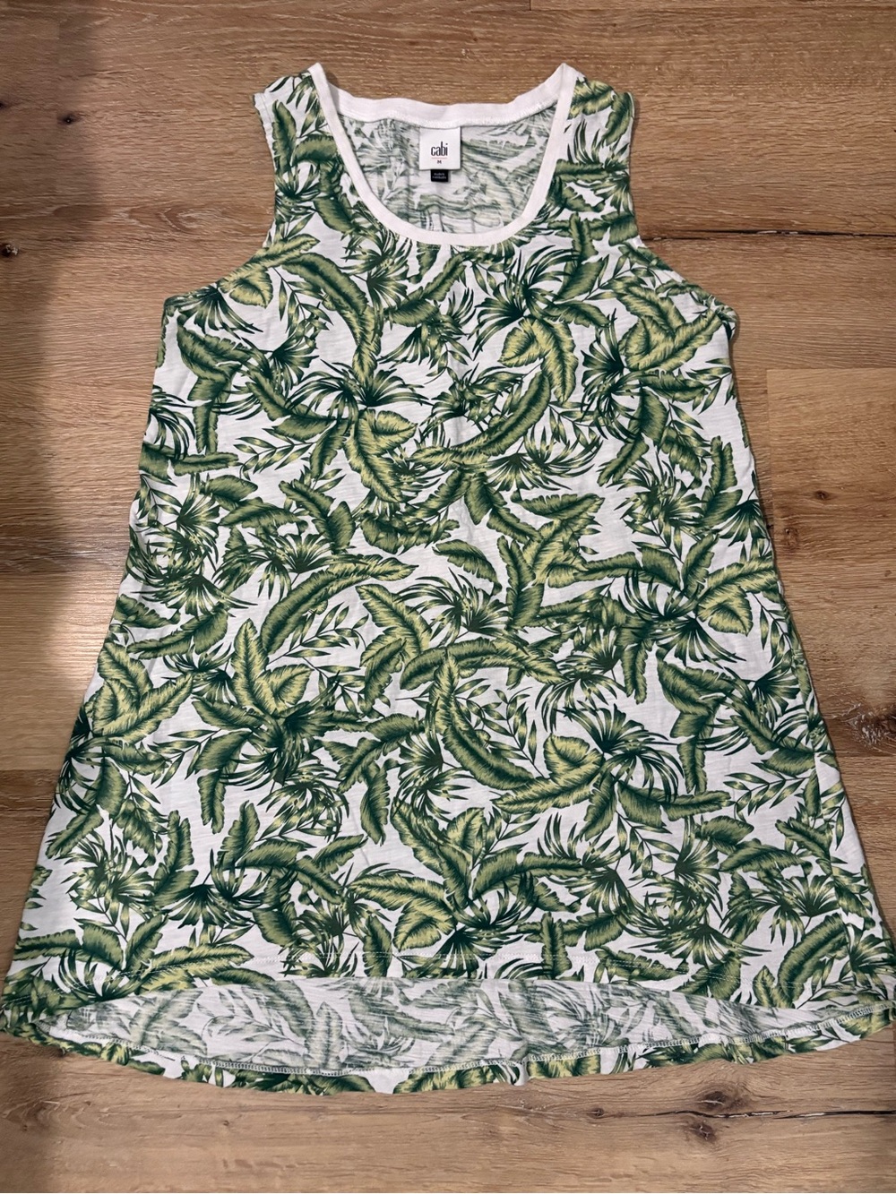 Cabi Paradise Swimsuit Cover Up Mini Dress in a Green Palm Floral Print